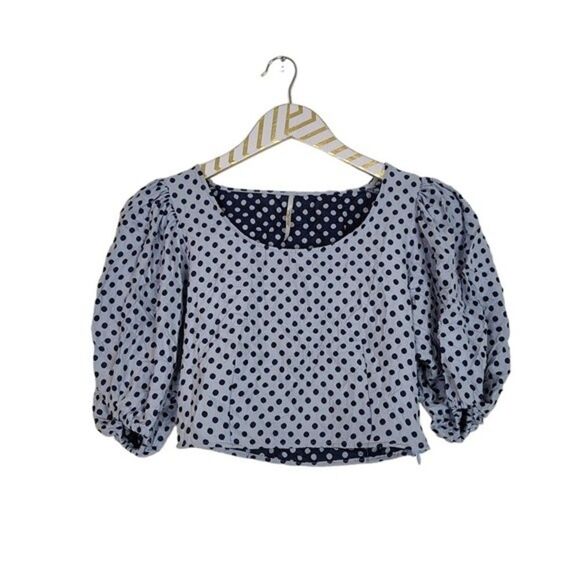 FREE PEOPLE Top Womens 2 Dusty Blue Polka Dot Puff Sleeve Blouse Cropped Shirt - Picture 2 of 12